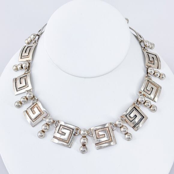 Vintage Mexico Margarita Taxco Sterling Silver 980 Greek Key Ball Necklace 15” - Picture 1 of 6